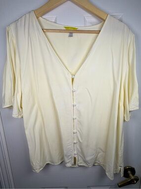 Joules Pale Yellow Blouse Women's 14 V-Neck Button Front Short Sleeve Coastal